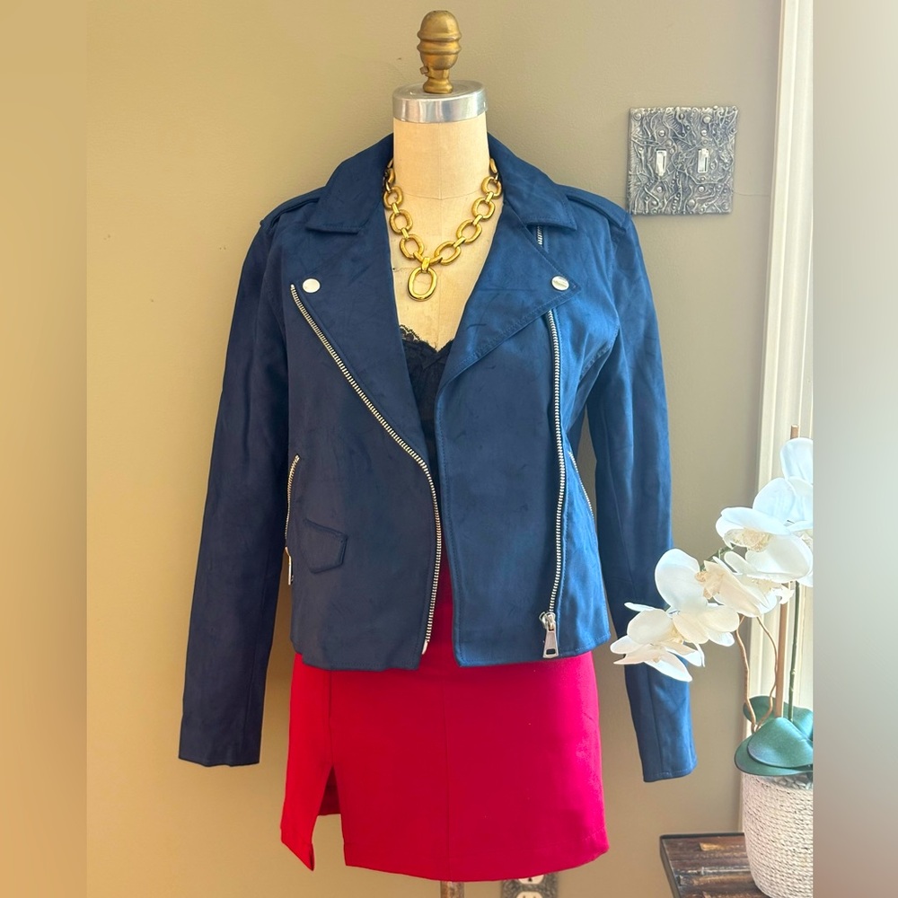 Nine West faux Vegan leather suede moto biker navy blue Jacket Small